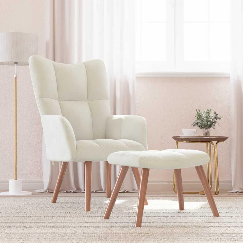 vidaXL Cream White Velvet Relaxing Chair and Stool - Modern Design Lounge Armchair and Ottoman Set, Comfortable and Durable Living Room Furniture